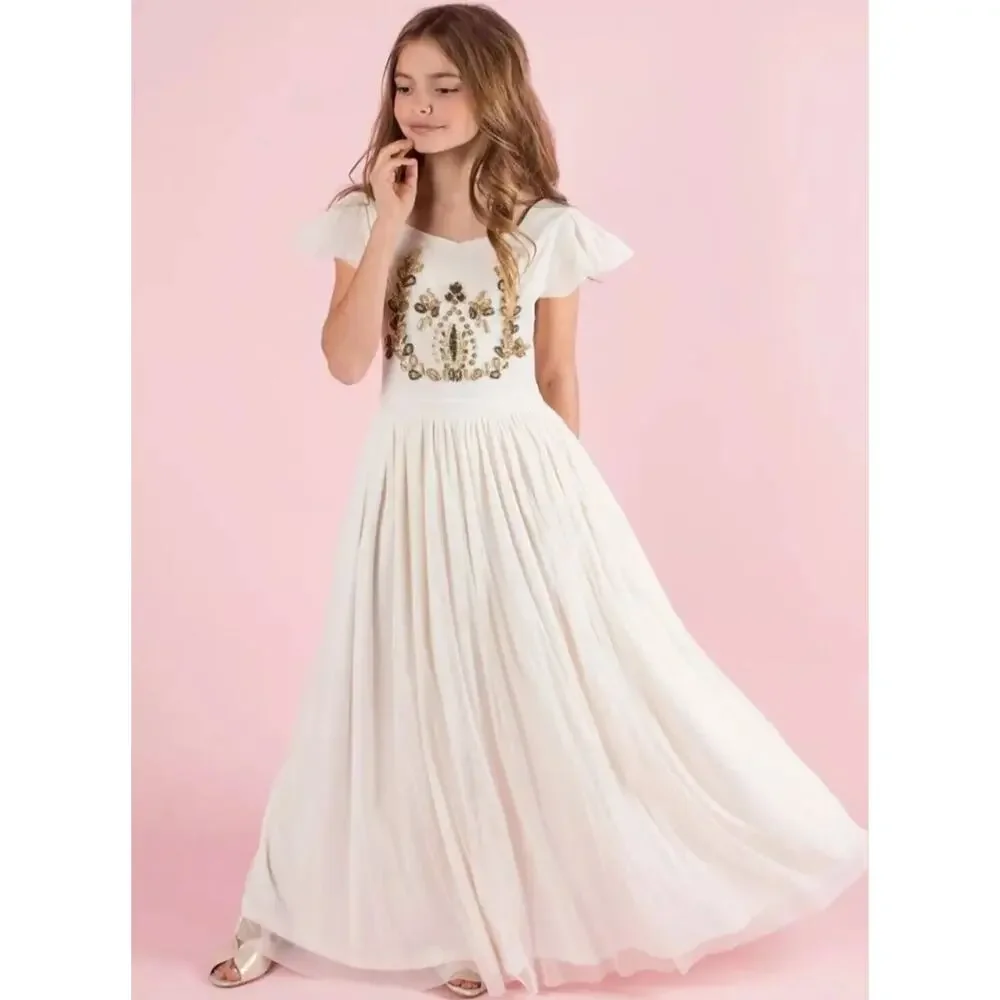 Mia Joy Girls Ivory Maxi Dress With Gold Embellished Bodice Flutter Sleeves & Fl - Picture 15 of 16